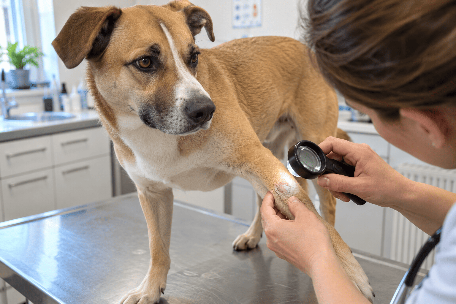 Veterinárka lupou prezerá kožu na prednej labke dospelého psa